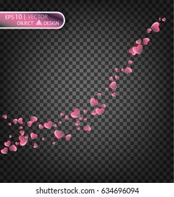 Vector Festive illustration of falling shiny red hearts isolated on a transparent background. Confetti for love messages, picture design for Valentines day. Festive decorative tinsel for design.