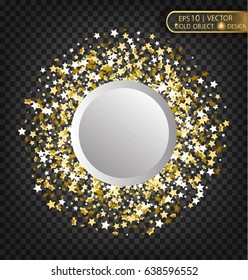 Vector Festive illustration of falling shiny particles and stars, isolated on a transparent background. Golden shiny confetti. Sparkling texture. Festive decorative tinsel for design.