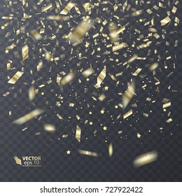 Vector Festive Illustration of Falling Shiny Confetti Isolated on Transparent Background. Decorative Element for your Design