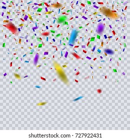 Vector Festive Illustration of Falling Shiny Confetti Isolated on Transparent Background. Decorative Element for your Design