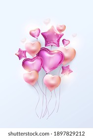 Vector festive illustration of a flying bunch of pink balloons-hearts and stars made of foil. Happy Valentine's Day, women's Day.