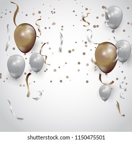 Vector festive illustration of flying realistic glossy balloons. gold and silver balloon bunch with golden confetti glitters. 