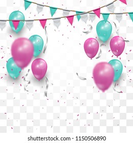 Vector festive illustration of flying realistic glossy balloons. blue and pink balloon bunch with sliver confetti glitters. 