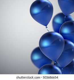 Vector festive illustration of flying realistic glossy balloons. Blue balloon bunch. Decoration element for design