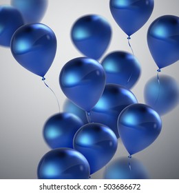 Vector Festive Illustration Of Flying Realistic Glossy Balloons. Blue Balloon Bunch. Decoration Element For Design