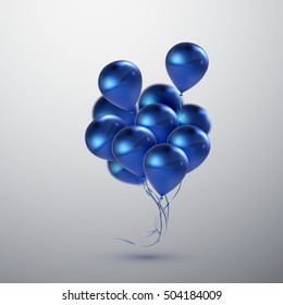 Vector Festive Illustration Of Flying Realistic Glossy Balloons. Blue Birthday Balloon Bunch. Decorative 3D Element For Party Invitation Design