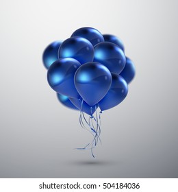 Vector festive illustration of flying realistic glossy balloons. Blue birthday balloon bunch. Decorative 3D element for party invitation design