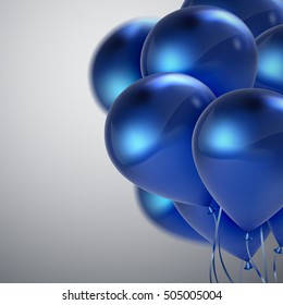 Vector festive illustration of flying realistic glossy balloons. Blue birthday party balloon bunch. Decorative 3D element for party invitation design