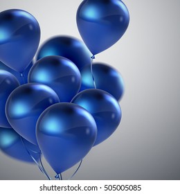 Vector festive illustration of flying realistic glossy balloons. Blue birthday or wedding balloon bunch. Decorative 3D element for party invitation design