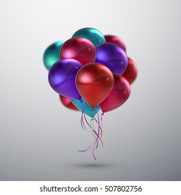 Vector festive illustration of flying realistic glossy balloons. Purple, red, pink and turquoise balloon bunch. Decoration element for holiday event invitation design
