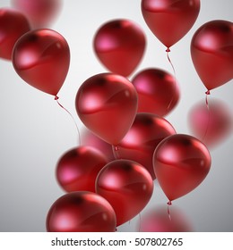 Vector festive illustration of flying realistic glossy balloons. Red balloon bunch. Decoration element for holiday event invitation design