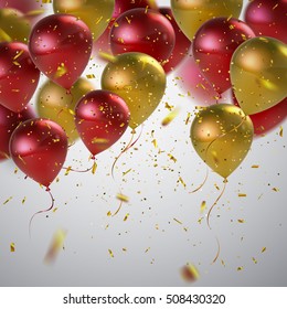 Vector festive illustration of flying realistic glossy balloons. Red and golden balloons and golden confetti glitters. Decoration element for holiday event invitation design