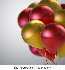 Vector festive illustration of flying realistic glossy balloons. Red and golden balloon bunch. Decoration element for holiday event invitation design. Applicable for banner, poster, flyer, card