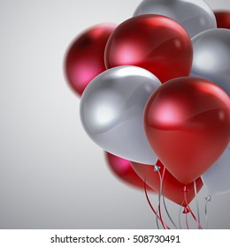Vector festive illustration of flying realistic glossy balloons. Red and white balloon bunch. Decoration element for holiday event invitation design