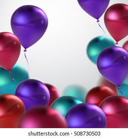 Vector festive illustration of flying realistic glossy balloons. Violet, turquoise, pink and red birthday balloons. Applicable for banner, poster, flyer, greeting card