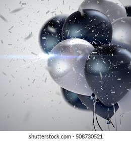 Vector festive illustration of flying realistic glossy balloons. Black and white balloon bunch with confetti glitters and light rays burst. Decoration element for holiday event invitation design