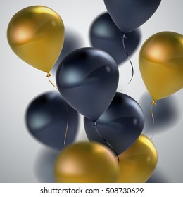 Vector festive illustration of flying realistic glossy balloons. Black and golden balloon bunch. Decoration element for holiday event invitation design. Applicable for banner, poster, flyer, cards