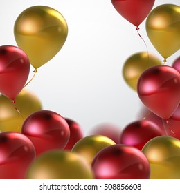 Vector festive illustration of flying realistic glossy balloons. Red and golden balloon bunch. Decoration element for holiday event invitation design. Applicable for banner, poster, flyer, cards