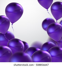 Vector festive illustration of flying realistic glossy balloons. Violet balloon bunch. Decoration element for holiday event invitation design