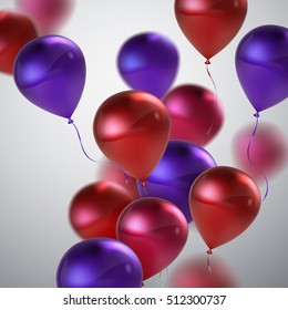 Vector festive illustration of flying realistic glossy balloons. Purple, pink and red balloon bunch. Decoration element for holiday event invitation design.