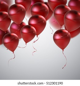 Vector festive illustration of flying realistic glossy balloons. Red balloon bunch. Decoration element for holiday event invitation design.