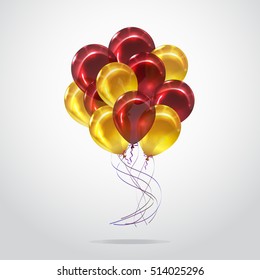 Vector festive illustration of flying realistic glossy balloons. Transparent Red and yellow birthday balloon bunch.