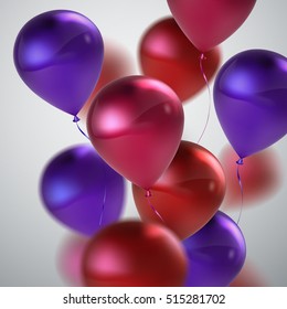 Vector festive illustration of flying realistic glossy balloons. Purple, pink and red balloon bunch. Award ceremony or family function decoration element