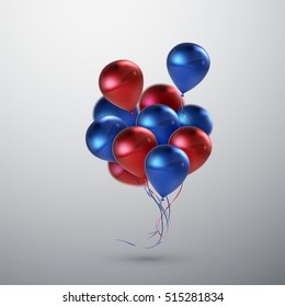Vector festive illustration of flying realistic glossy balloons. Blue and red balloon bunch. Decoration element for holiday event invitation design