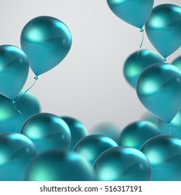 Vector festive illustration of flying realistic glossy balloons. Turquoise balloon bunch. Decoration element for holiday event invitation design