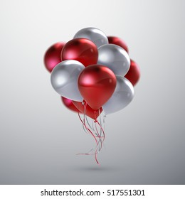 Vector festive illustration of flying realistic glossy balloons. Red and white wedding balloon bunch. Decoration element for holiday event invitation design