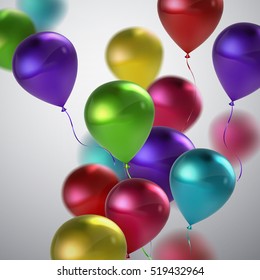 Vector festive illustration of flying realistic glossy balloons. Multicolored birthday balloon bunch. Decoration element for holiday event invitation design