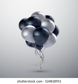 Vector festive illustration of flying realistic glossy balloons. White and black balloon bunch. Applicable for banner, poster, flyer, cards. Award Ceremony Or Other Holiday Event Decoration Element