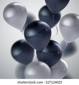 Vector festive illustration of flying realistic glossy balloons. White and black balloon bunch. Applicable for banner, poster, flyer, cards. Award Ceremony Or Other Holiday Event Decoration Element