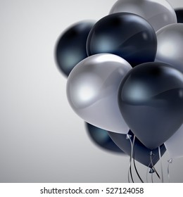 Vector festive illustration of flying realistic glossy balloons. White and black balloon bunch. Applicable for banner, poster, flyer, cards. Award Ceremony Or Other Holiday Event Decoration Element