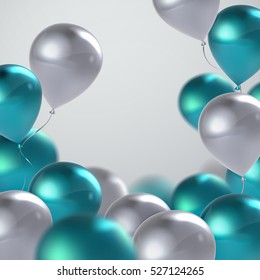 Vector festive illustration of flying realistic glossy balloons. White and turquoise balloon bunch. Applicable for banner, poster, flyer, card. Award Ceremony Or Other Holiday Event Decoration Element