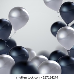 Vector festive illustration of flying realistic glossy balloons. White and black balloon bunch. Applicable for banner, poster, flyer, cards. Award Ceremony Or Other Holiday Event Decoration Element