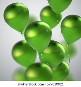 Vector festive illustration of flying realistic glossy balloons. Green balloon bunch. Decoration element for holiday event invitation design.