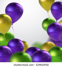 Vector festive illustration of flying realistic glossy balloons. Multicolored balloon bunch. Decoration element for Mardi Gras holiday event design. Applicable for banner, poster, flyer, greeting card