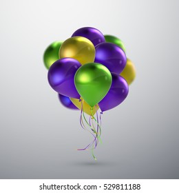 Vector festive illustration of flying realistic glossy balloons. Multicolored balloon bunch. Decoration element for Mardi Gras holiday event design. Applicable for banner, poster, flyer, greeting card