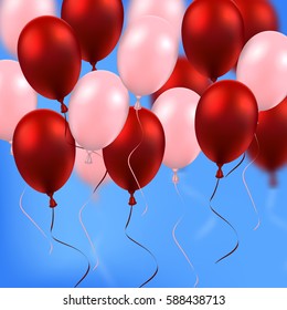 Vector festive illustration of flying realistic  balloons. Red balloon bunch. 