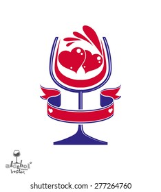 Vector festive illustration of a goblet with wine splash Ã?Â¢?? party and leisure conceptual graphic element. Romantic rendezvous theme Ã?Â¢??  two stylized red loving hearts and beautiful wavy ribbon.