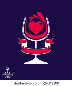 Vector festive illustration of a goblet with wine splash Ã¢?? party and leisure conceptual graphic element. Romantic rendezvous theme Ã¢?? stylized red heart and beautiful wavy ribbon.
