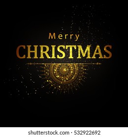 Vector Festive Illustration header of Sparkling Texture with Golden Lettering composition of Merry Christmas text with creative floral design