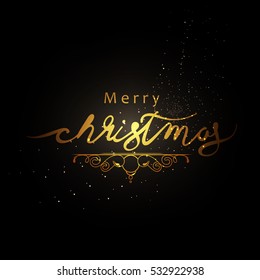 Vector Festive Illustration header of Sparkling Texture of Golden Lettering composition of Merry Christmas text  Isolated on dark background  