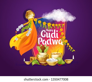 vector festive illustration. Hindu New Year celebration for Marathas and Konkani Gudi Padwa. design graphics for posters, posters, flyers, offers, booklets, cards. another name Ugadi or Yugadi 