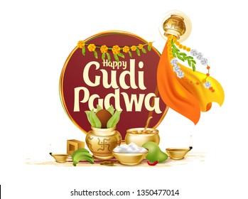 vector festive illustration. Hindu New Year celebration for Marathas and Konkani Gudi Padwa. design graphics for posters, posters, flyers, offers, booklets, cards. another name Ugadi or Yugadi 