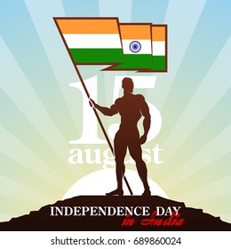 Vector festive illustration of independence day in India celebration on August 15. Abstract design banner elements of the national day. Standard bearer with flag of India with Ashoka Wheel.