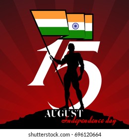 Vector festive illustration of independence day in India celebration on August 15. Abstract design banner elements of the national day. Standard bearer with flag of India with Ashoka Wheel.