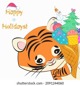 Vector festive illustration postcard - a tiger cub looking out from the edge of the picture, holding a stylized ice cream from New Year's attributes in a waffle cone, the inscription Happy Holidays.