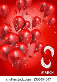 Vector festive illustration with red balloons and abstract number eight with white and red flower garland on red background. March 8. International Women's Day. 